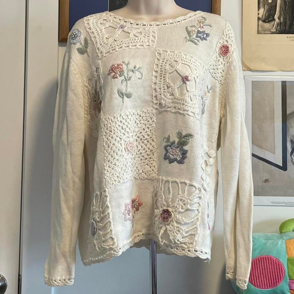Cream embroidered floral sweater with